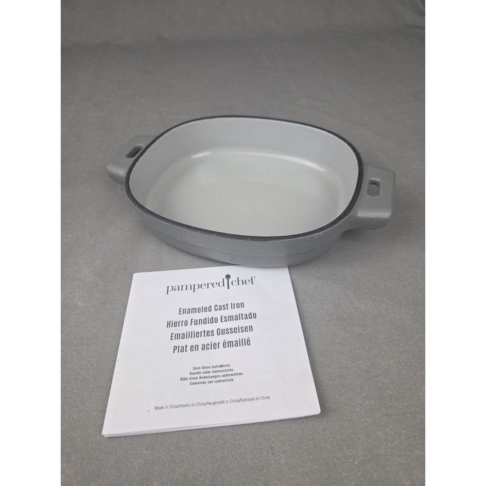 Pampered Chef GRAY Enameled CAST IRON 1 Qt BAKER Handles Casserole